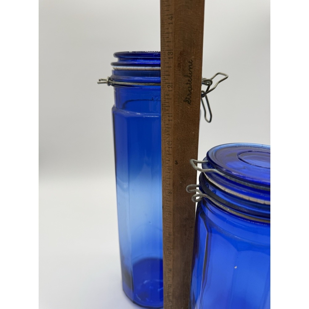 VTG Set Of 13" & 10" Cobalt Blue Glass 12-Panel Wire Bail Clamp Canisters w/Lids - Picture 6 of 9